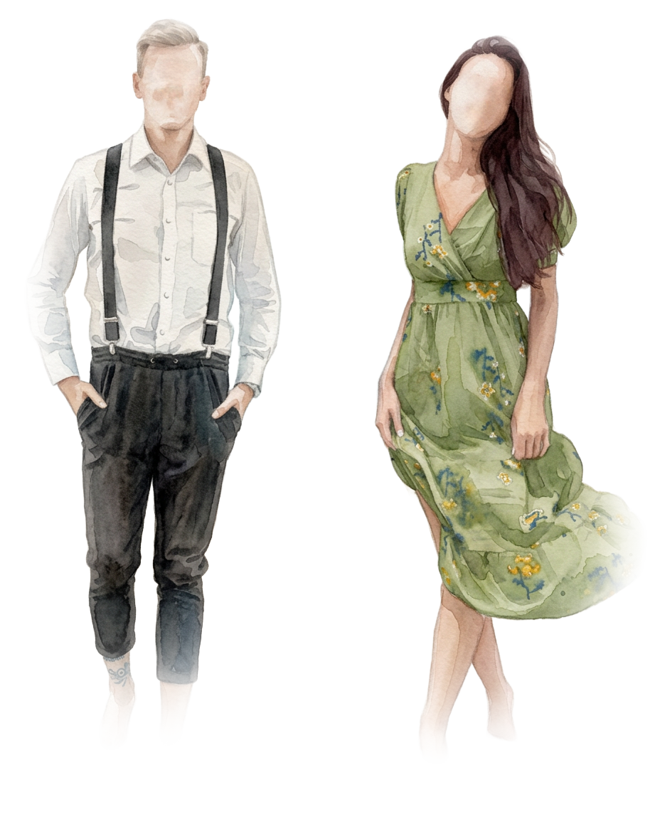 Ilustración de la vestimenta sugerida: camisa de manga larga con tirantes y vestido largo verde